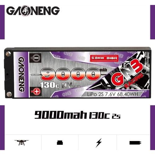 GAONENG GNB 9000mAh 2S 7.6V 130C See Through 5.0mm Bullet Hardcase HV LiPo Battery XT60 T Plug for 1:10 1/10 RC Car Boat Parts