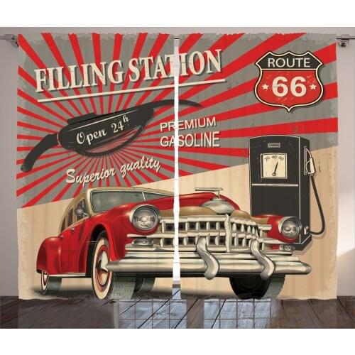 Retro Car Curtains Route 66 Lettering Red Automobile Satin Fabric Drapes for Living Room Bedroom 2 Panel Window Set