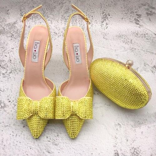 BS1319 Custom Handmade SlingBacks Dress Sandals High Heel Women Bridal Wedding Shoes Yellow Crystal Bow Shoes And Bag Set