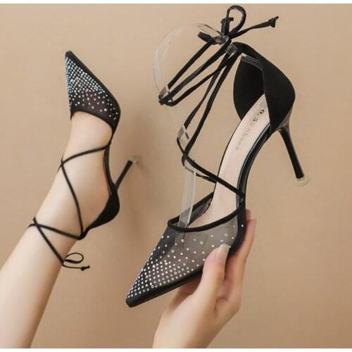 Women sandals Flock Lace Up 9CM Thin Heels High heels Pointed Toe Rhinestones Bling Shallow sandal women shoes size 35-42 black