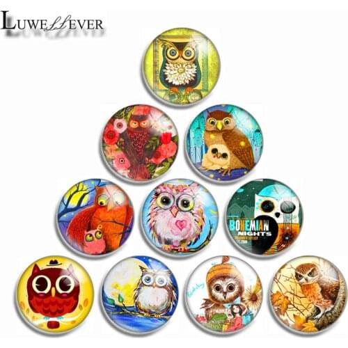 12mm 10mm 16mm 20mm 25mm 30mm 514 Cute Owl Mix Round Glass Cabochon Jewelry Finding 18mm Snap Button Charm Bracelet