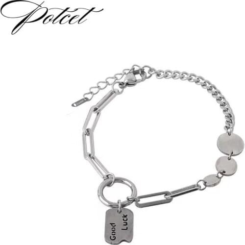 POTCET Unisex Stainless Steel Letter Titanium Steel Double Bracelet Geometric Hip Hop Personality Party Jewelry