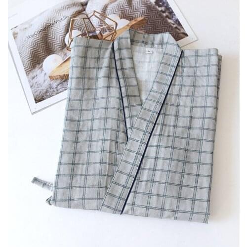 Double Layer Gauze Hanfu Loose Home Wear Trousers Set Thin Yukata Japanese Plaid Print Style Mens Kimono Traditional Pajamas