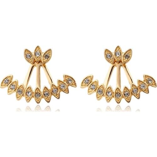 Double Sided Ear Jacket Gold Color Peacock Feather Set CZ Back And Front Swing Stud Earrings For Women Girls Jewelry Aros Aretes