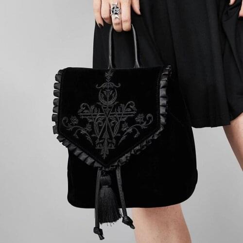 Gothic Magic Embroidery Black Velvet Backpacks Punk Rock Style Solid Color Tassel Fungus Fashion Hipster 2021 Summer New
