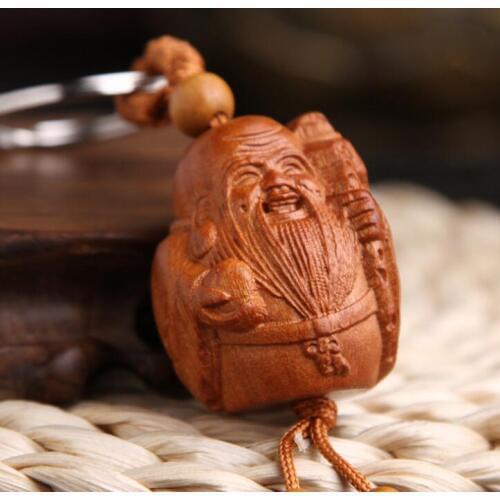 Chinese Peach Wood Carved Shou Star He God Of Longevity Handing Peach Exquisite Car Key Chain Pendant