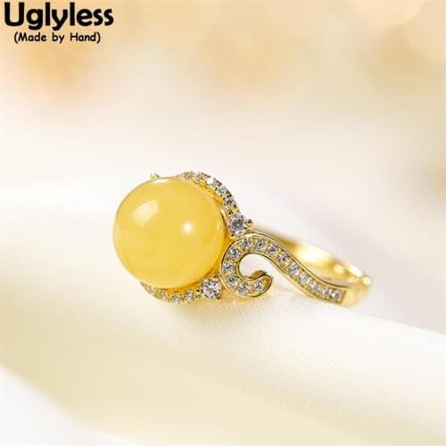 Uglyless Exotic Curved Sparkly Crystals Zircons Rings for Women Natural Gemstones Beeswax Amber Rings 925 Silver Dress Jewelry