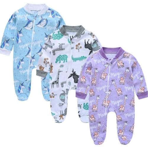 3 Pcs Newborn Baby Girl Boy Footed Sleeper Romper Long Sleeve Unisex Baby Zipper Pajamas