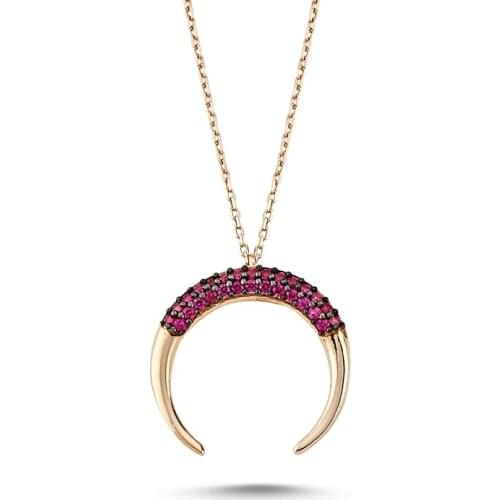KUTAYDAN Pink Zircon Cubic Zirconia Reverse Crescent Necklace 925 Sterling Silver