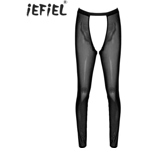 Men Ultrathin Mesh Transparent Leggings Sissy Nightwear Elastic Waistband Cutout Long Pants Leotard Crotchless Pencil Pants