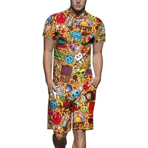 Summer Mens New Design Romper 3D Cartoon Print Pattern Playsuit Male Short Sleeve Beach Sets Casual Jumpsuit Overalls US Size
