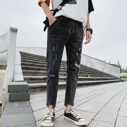 HOT 2020 spring autumn ripped hole Jeans Mens pencil Pants Fashion Slim Feet teenagers Distressed Holes ankle length Jeans
