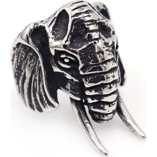 AsJerlya Unique Elephant Rings For Men Stainless Steel Biker Mens Ring Animal Elephant Head Ring Punk Fashion Jewelry Gift