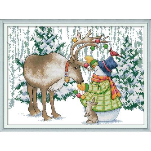 Joy Sunday Cross Stitch kits 14ct Counted Canvas 11ct Printed Fabric Elk and Snowman Embroidery DIY Handmade Needlework Crafts