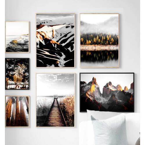 Bridge Forest Snow Mountain River Lake Wall Art Print Canvas Painting Nordic Posters And Prints Wall Pictures For Living Room