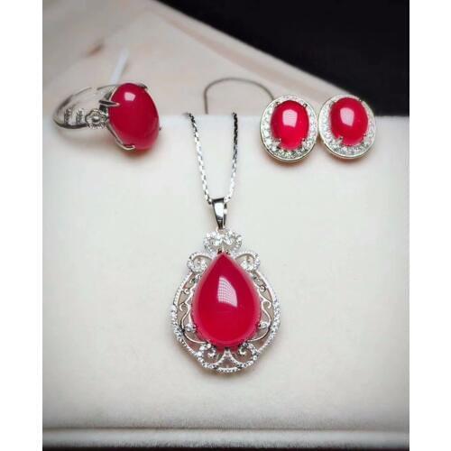 Natural ice red Jade jewelry pendant earrings set three piece free shipping