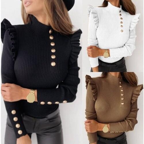 Autumn Winter Women Long Sleeve Rib Blouse Turtleneck Buttons Ruffle Sweater Womens Clothing свитера женские 2020 Pull Femme