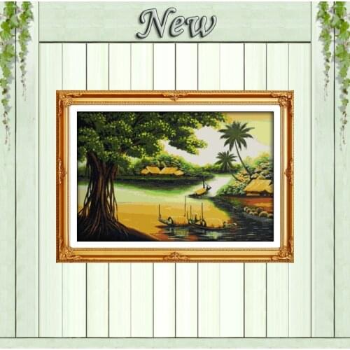 Lake hometown diy Vietnam scenery painting counted print on canvas DMC 11CT chinese Cross Stitch Needlework Sets Embroidery kits