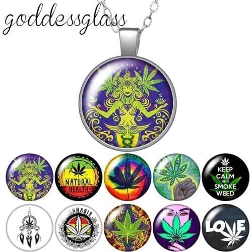 Smoke Weed Leave Natural health symbol Round Glass glass cabochon silver plated/Crystal pendant necklace jewelry for Gift