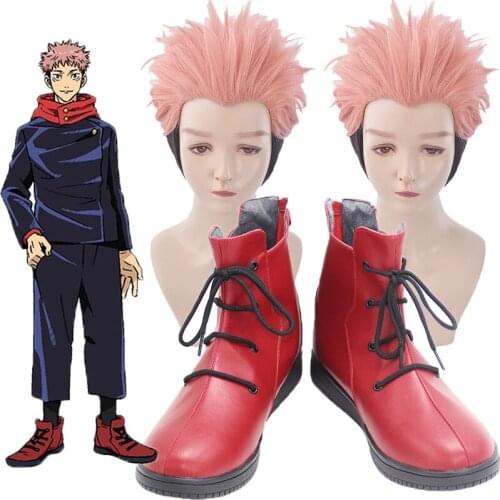 Anime Jujutsu COS Kaisen Yuji Itadori Cosplay wigs Shoes Boots Halloween Costumes Accessory Custom Made Red shoes Yuji Itadori