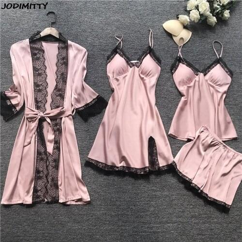 Women Pajamas 5 Pieces Sets Silk Satin Solid Pyjama Set Sexy Pajamas with Pad Lace Night Suits Sleepwear Home Clothes 2020