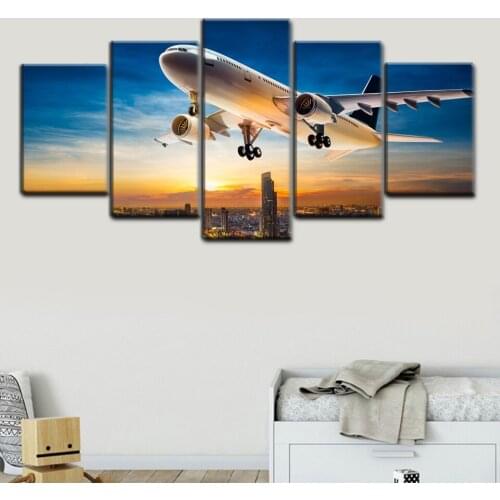 Poster Airliner Flying Big City Picture Wall Art Canvas Painting 5 Panels Modular Nordic Living Room Home Decoration