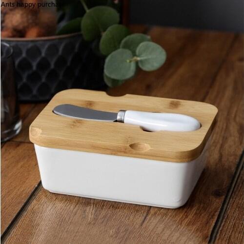 Rectangular Ceramic Butter Plate Wooden Cover Butter Knife Kitchen Cheese Dish Snack Tray Salad Bowl Cheese Box Decorative Plate