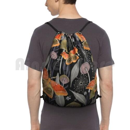 Midnight Moth Backpack Drawstring Bag Riding Climbing Gym Bag Moth Orange Navy Blue Mushrooms Leaves Magic Jennifer Geldard