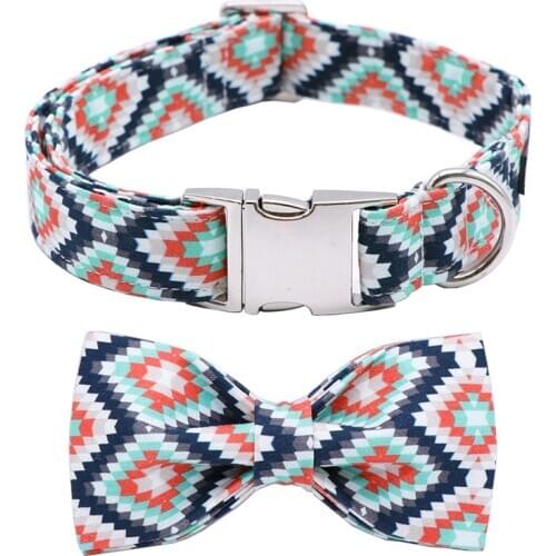 Blue Plaid Cotton Fabric Dog Collar and Leash Set with Bow Tie for Big and Small Dog Metal Buckle Pet Accessories