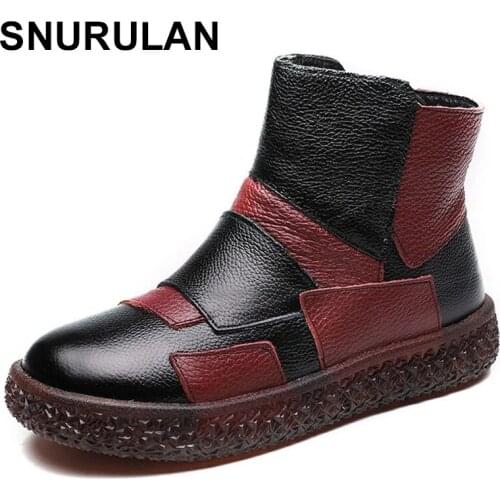 SNURULAN Autumn Winter Flat shoes Retro Women Boots Fashion Genuine Leather Ankle Boots Zapatos De Mujer Vintage Booties Warm