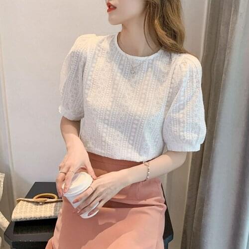 2021 New Summer Women Blouses Casual Slim Short Sleeve O-Neck White Chiffon Shirts Fashion Elegant Office Lady Tops Clothing