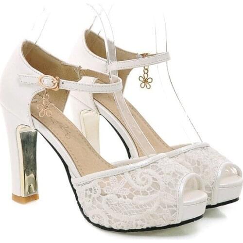 Women Summer lace mesh shoes Fish Mouth high heel ladys platform sandals evening dress wedding shoes femal zapatos de mujer 43