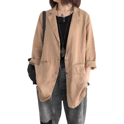 Oversized Summer Autumn New Retro Casual Suit Collar Cotton and Linen Jacket Suit Loose Long Blezer Mujer Thin Blusa Coat f737