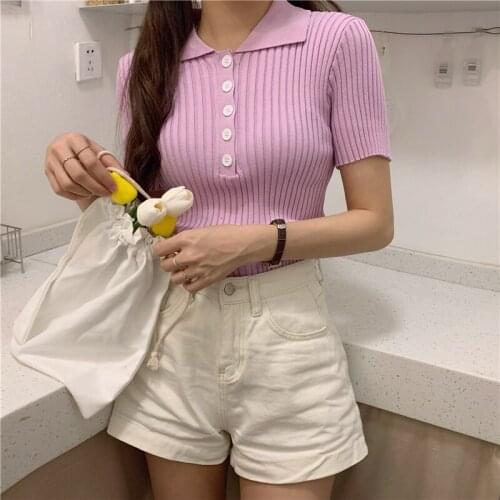 Multicolor Stretch Short-sleeved Top Women 2021 Summer Womens Pol Collar Knitted Candy Color T-shirt Button Retro Clothing
