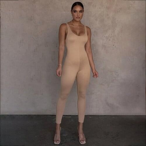 Women Sleeveless Bodycon Outfits Solid Tank Backless Deep O Neck Collar Casual Skinny Jumpsuit Romper for Exercise Workout