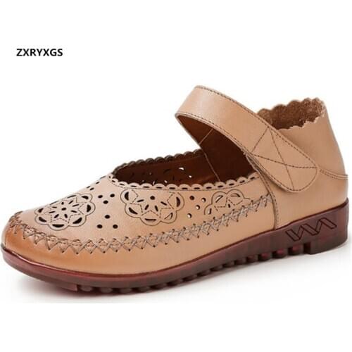 ZXRYXGS Hollow Genuine Leather Shoes Mom Flat Shoes Woman Sandals 2020 Soft Sole Comfortable Shoes Fashion Casual Shoes Flat