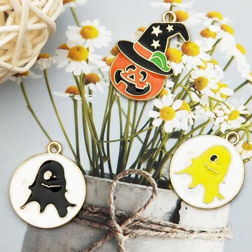 10pcs Cute Halloween Pumpkin Ghosts Enamel Charms Pendants DIY Alloy Round Pendants Earrings Bracelets Jewelry Accessories FX197