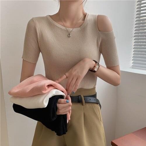 2021 Summer Knitted Sweater Pullovers Off Shoulder Sweater for Women Short Sleeve White Black Soft Female Jumper Clothing