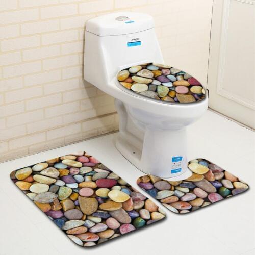 3D Stone 3Pcs Bathroom Bath Mat Set Washable Toilet Lid Cover Rug Floor Mats Soft Bath Rugs Bathroom Toilet Carpets
