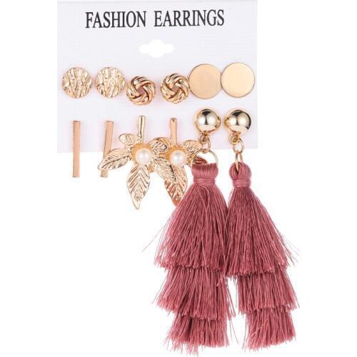 6 Pairs / Set Fringed Leaves Combination Earrings Fashion Twist Geometric Earrings for Women Drop Earrings Trend New Jewelry