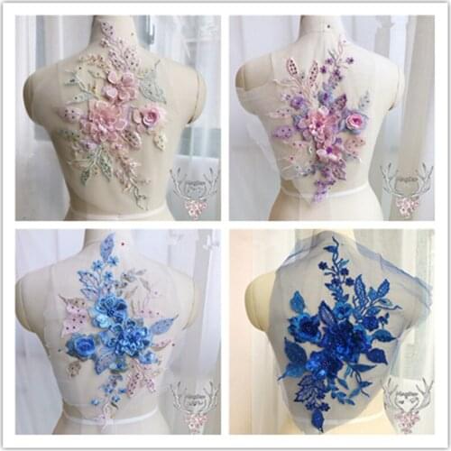1Pcs Beaded Sequins 3D Flowers Diy Patch Mesh Fabric Lace Applique Sew On Patches Floral Patches Costume For Wedding Dress Blue
