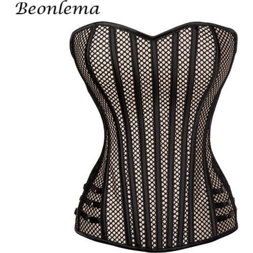 Beonlema Steel Bone Corsage Mesh Steampunk Corset Waist Slim Women Corselet Apricot Striped Korset Plus Size Overbust Busiter