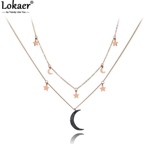 Lokaer Trendy Stainless Steel Double Layer Star & Moon Choker Necklaces Jewelry Lovely Pendant Necklace For Women Girls N19164