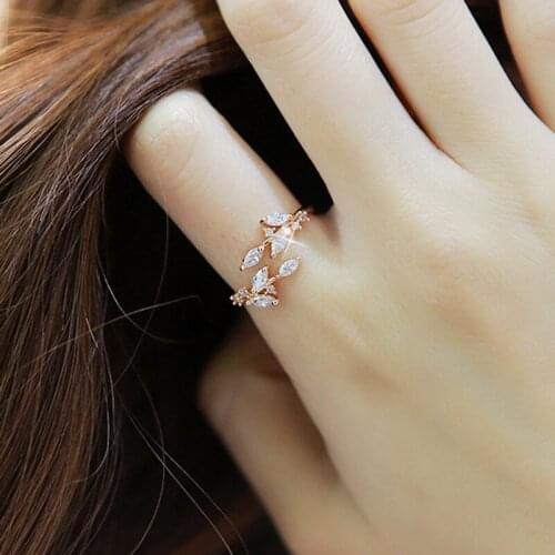 Graceful Leaves Both End of Open Ring Silver Color Girl Cocktail Party Rings Shine Crystal Zircon Fashion Women Jewelry