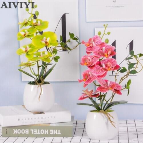 7 Heads Orchid Ceramic Basin Artificial Flower Phalaenopsis Potted Wedding Artificial Flower Silk Feel Glue Home Decor Indoor
