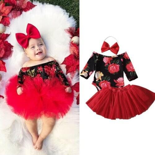 Children Baby Girls Christmas clothes set Santa Print Romper Bodysuit Tulle dress Outfits Set girl costume Jumpsuit