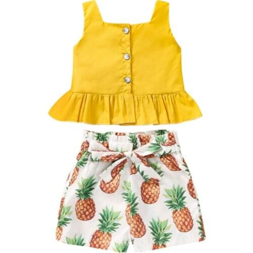 Girls Clothes Set, Solid Color Sleeveless Square Collar Ruffles Tops+Pineapple Print Short Pants with Waistband Summer 2021