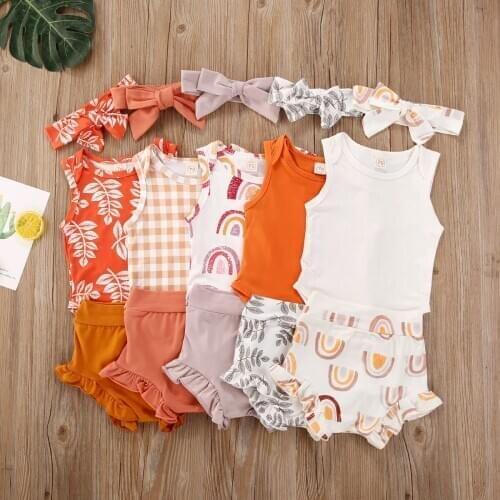 0-24M Newborn Infant Baby Girls Boys Clothes Sets Print Sleeveless Romper Tops+Shorts+Headband 3pcs