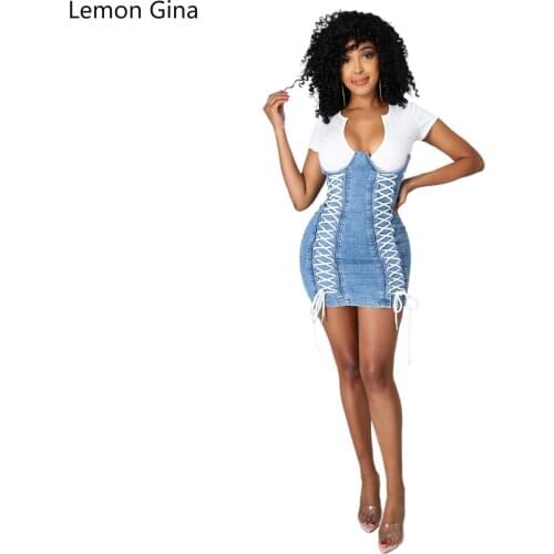 Lemon Gina Summer 2021 Fashionable Sexy Side Corn-strap Fake Two Denim Dresses