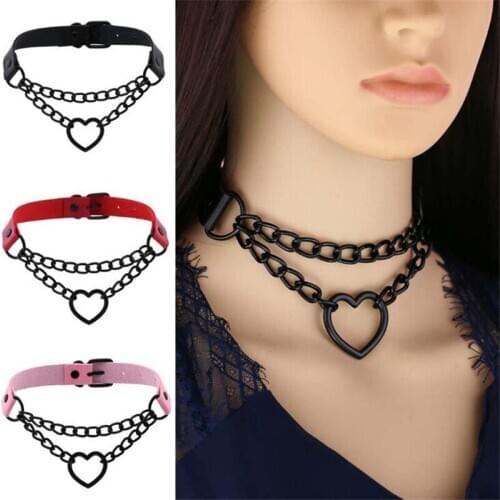 DIEZI Multilayer Harajuku Gothic Black Chain Heart Pendant Necklaces PU Leather Choker Necklaces Women Men Jewelry Fashion 2020